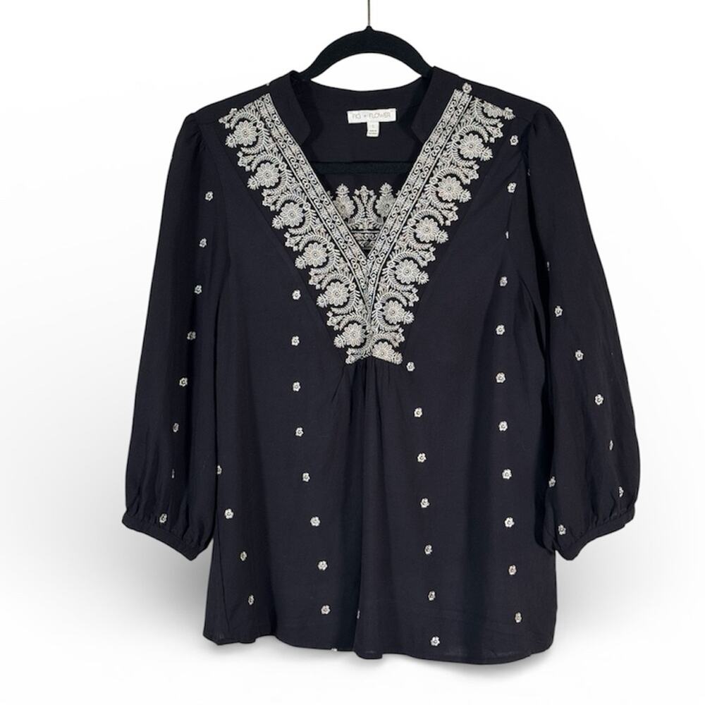 Fig & Flower Black White Embroidered Blouse Womens S Boho Peasant Beachy Shirt
